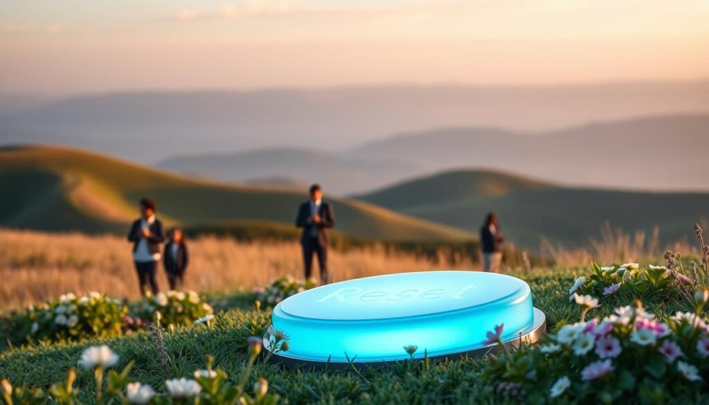 A serene and inspirational scene featuring a large, symbolic "reset button" in the foreground, set in a tranquil natural environment. The button glows softly with a calming blue light, surrounded by lush greenery and blooming flowers that symbolize healing and renewal. In the middle ground, a diverse group of individuals dressed in professional business attire engage in self-reflective activities such as journaling and meditating. The background consists of gentle hills under a clear sky at golden hour, casting warm, soft lighting that enhances the peaceful atmosphere. The overall mood conveys hope and positivity, illustrating the concept of resetting and healing from past trauma in a beautifully composed visual narrative.