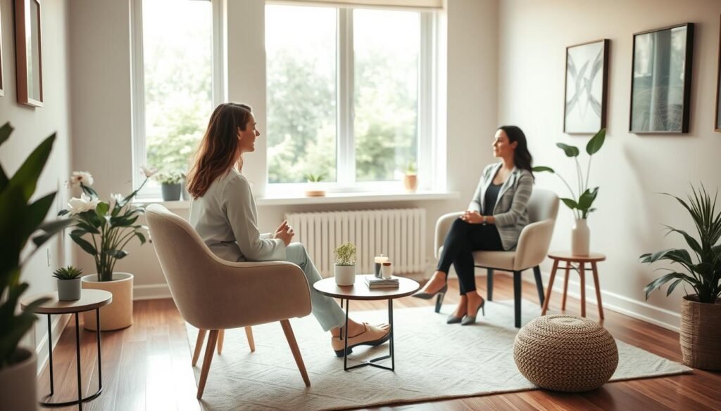 A serene and inviting therapy room designed for professional trauma healing. In the foreground, a calming therapy chair in soft, neutral colors is positioned next to a small table with a few therapeutic tools and calming plants. In the middle ground, a professional therapist wearing smart casual attire guides a session with a client, who appears engaged and reflective. The background features soft, warm lighting that creates a peaceful atmosphere enhanced by soothing wall colors and gentle artwork. A large window lets in natural light, surrounded by peaceful greenery outside. The overall mood is one of empathy, support, and a safe space for personal growth and healing.