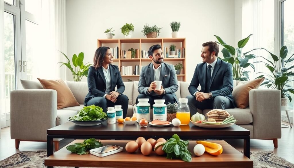 A serene living room setting with a large window allowing soft, natural light to spill in. In the foreground, a diverse group of three adults, dressed in professional business attire, are engaged in a lively conversation around a coffee table filled with vitamin D supplements and fresh, healthy foods like fish, eggs, and leafy greens. In the middle ground, a bookshelf lined with health books and research papers highlights the importance of vitamin D. The background features calming indoor plants, conveying a sense of well-being and vitality. The overall mood is motivational and educational, showcasing practical ways to integrate vitamin D into everyday life for health benefits, with a focus on testosterone enhancement.
