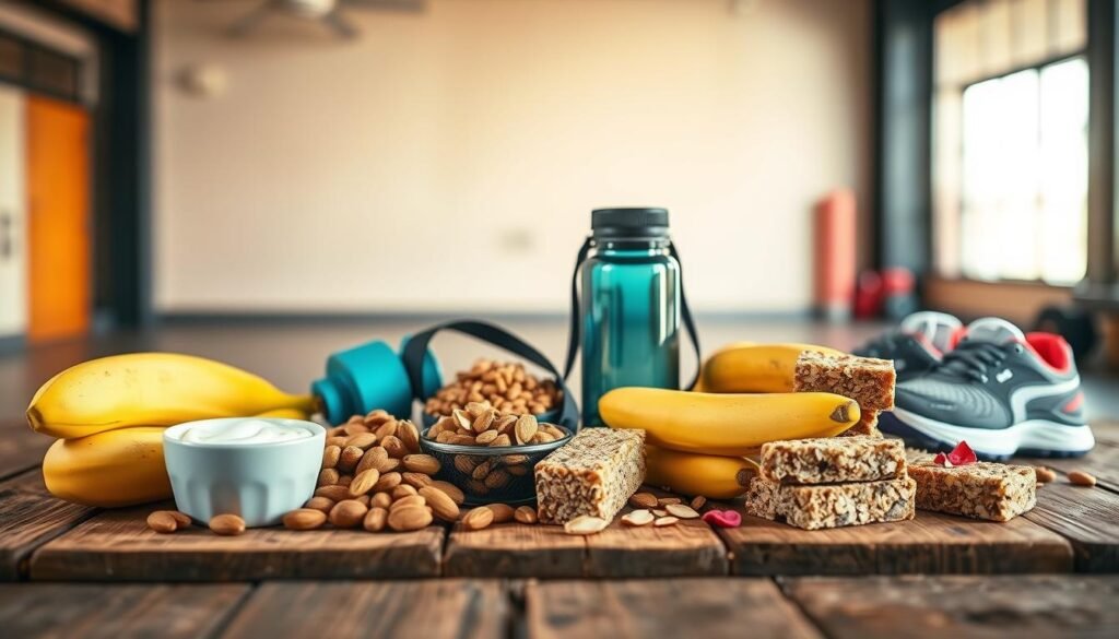A vibrant and appealing flat lay composition of healthy pre-workout foods. In the foreground, a selection of colorful energy-boosting snacks like bananas, almonds, Greek yogurt, and oatmeal bars are artfully arranged on a rustic wooden table. In the middle ground, a sleek water bottle and a couple of sports gear items, like a jump rope and a pair of running shoes, hint at an active lifestyle. The background features a softly blurred gym environment, with warm lighting that creates an inviting and energetic atmosphere. The overall mood is lively and motivational, perfect for inspiring fitness enthusiasts without overwhelming the viewer. The image should avoid any text, ensuring a clean and focused representation of nutritious foods for energy.