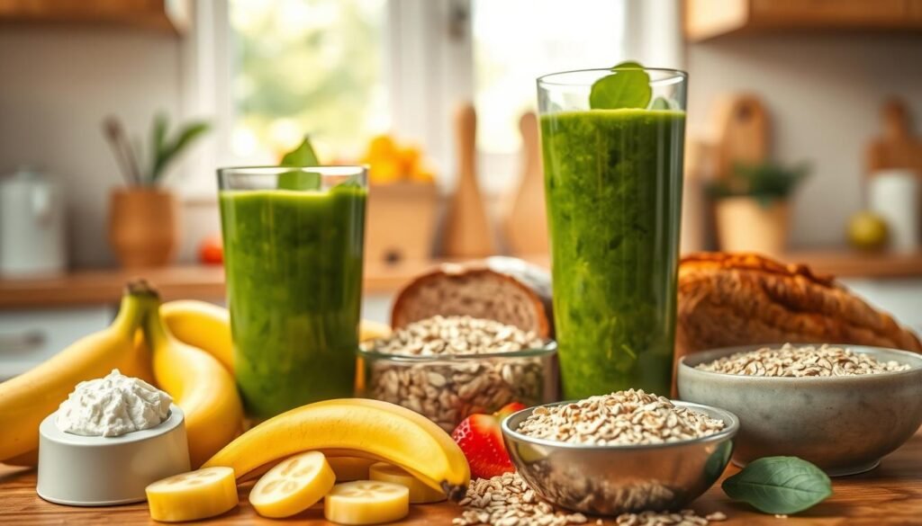 A vibrant and dynamic composition depicting essential nutrients for pre-workout meals. In the foreground, an assortment of colorful whole foods: sliced bananas, a scoop of whey protein, whole grain bread, and a bowl of oats. The middle ground features a refreshing green smoothie in a clear glass, showcasing spinach and a hint of cucumber. In the background, a well-organized kitchen counter with natural light streaming in, creating a bright, energetic atmosphere. Soft focus on the environment to emphasize the vibrant colors of the food. The scene evokes a sense of health and vitality, capturing the essence of an energizing pre-workout meal devoid of any nausea-inducing elements. The image is bright and inviting, set against a warm, homey backdrop.