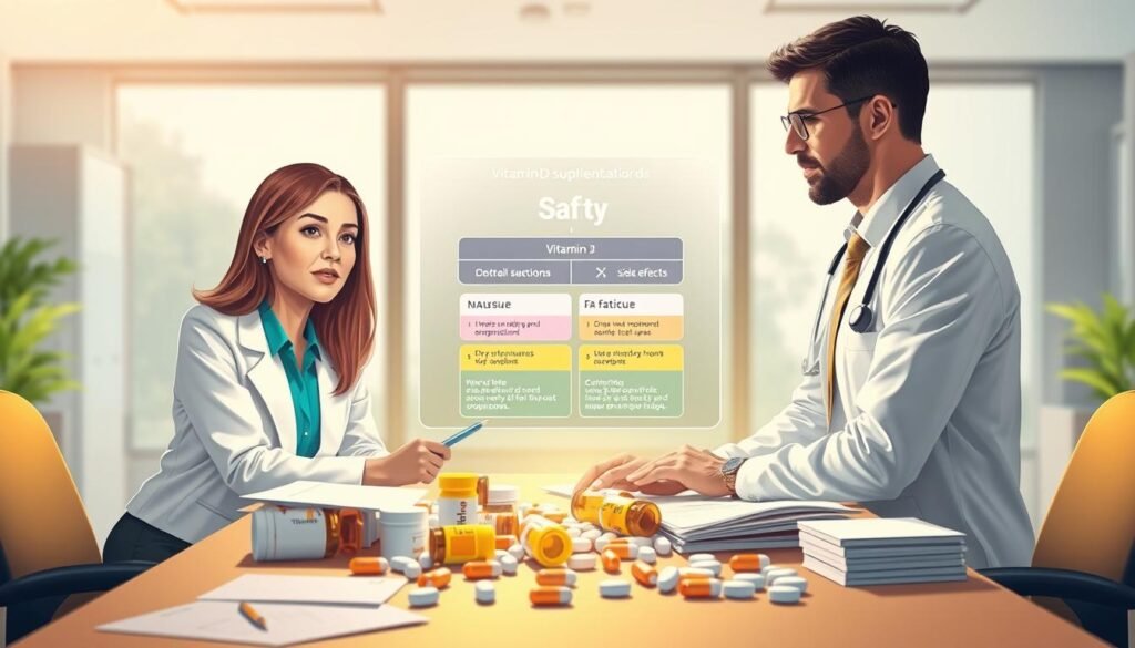 A visually impactful illustration depicting the side effects and safety of vitamin D supplementation. In the foreground, a diverse group of three professionals in business attire—one woman and two men—are discussing over a table cluttered with vitamin D supplements and medical charts. Their expressions show concern and curiosity. In the middle background, an illuminated medical infographic highlights potential side effects like nausea and fatigue, subtly blending colors to symbolize caution. In the rear, a serene clinic setting with soft, natural light filtering through large windows creates a calm atmosphere. Use a shallow depth of field to focus on the foreground while gently blurring the background. The overall mood should convey a blend of professionalism and alertness about health and safety.