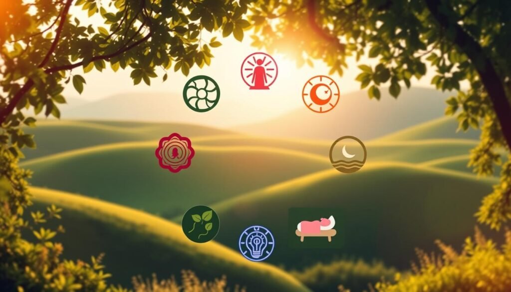 A captivating illustration of "7 Pillars of Holistic Health," arranged in a harmonious circle. In the foreground, feature seven distinct symbols, each representing a pillar: nutrition, exercise, emotional well-being, environmental health, social connections, sleep, and mindfulness. Each symbol should be vibrant and unique, set against a calming background of a lush green landscape with gentle hills. The middle ground includes soft, dappled sunlight filtering through leaves, creating a serene atmosphere. The colors should be warm and inviting, evoking a sense of balance and tranquility. The image should not contain any text or additional elements, focusing solely on the representation of holistic health concepts. The lighting should be soft, mimicking early morning or late afternoon for a peaceful vibe.