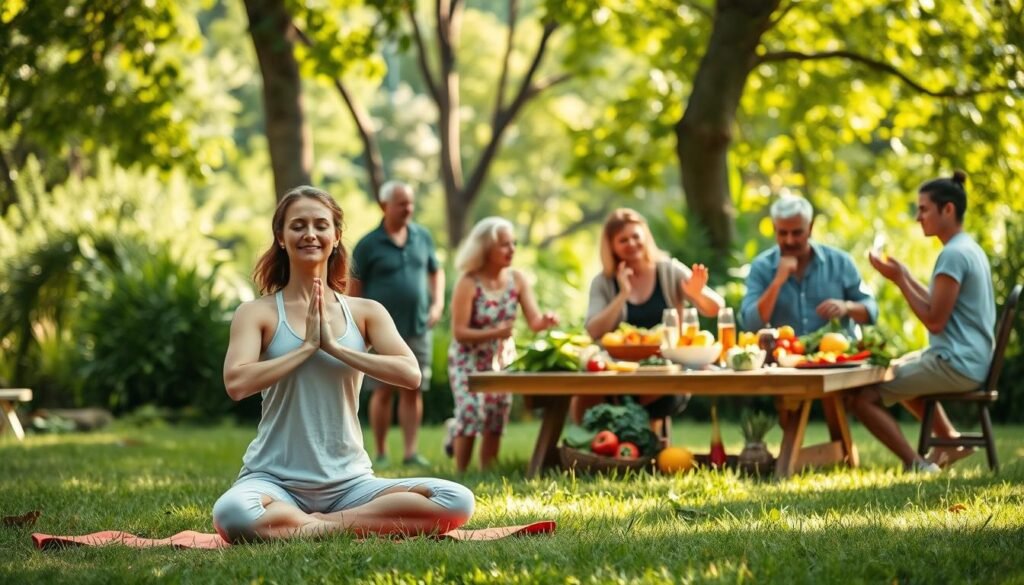 A serene and balanced lifestyle scene depicting a diverse group of individuals of various ages, engaging in holistic health practices within a vibrant, natural setting. In the foreground, a woman practices yoga, performing a meditative pose on a grassy surface, radiating tranquility. In the middle ground, a group shares an organic meal, showcasing colorful fruits and vegetables arranged artistically on a wooden table, symbolizing nourishment and community. The background features lush greenery and soft sunlight filtering through trees, creating a warm and inviting atmosphere. The image should evoke feelings of harmony, well-being, and long-term health benefits, captured with soft, natural lighting and a slightly elevated angle to encompass the full scene.