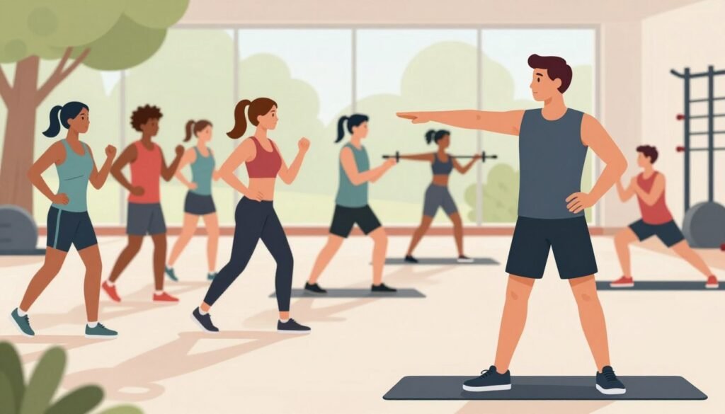 A visually engaging illustration featuring a fitness instructor demonstrating the correct exercise intensity indicators. In the foreground, depict an individual in professional athletic wear, showcasing various intensity levels through expression and posture. The middle ground should include a diverse group of people of different fitness levels engaged in various exercises, such as jogging, weightlifting, and yoga, with appropriate facial expressions reflecting effort and concentration. The background should be an indoor gym or outdoor park setting bathed in bright, natural light, with green trees or gym equipment subtly enhancing the atmosphere. Capture a motivational mood, emphasizing health and fitness, with a wide-angle perspective to give a sense of community and dynamic energy.